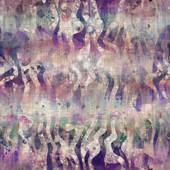 Seamless mixed media collage design in old aged worn look. Wavy distorted vertical line design overlaid, mottled, and distressed on fabric texture. Seamless repeat raster jpg pattern swatch.