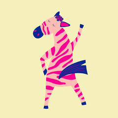 Colorful funny dancing zebra. Trendy hand drawn animal for print.