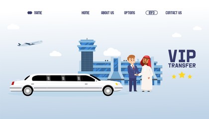 Business partner people meeting in international airport, luxury limousin transfer service vector illustration. Important multicultural collaboration with arab businessman. Cartoon character handshake