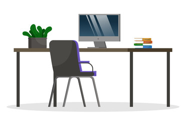 Black table and chair, furniture. Electronic device, computer for work and study. Modern design of workspace at home or office. Plant cactus and books on desk. Vector illustration of workplace in flat