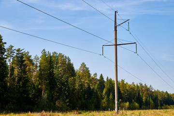 Electric power lines and wires with blue sky and forest. Support of power lines in a nice day