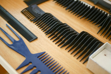 Hairdressing tools on the table. Top view.
