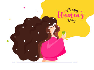 Cartoon Young Girl holding Flower Bud on Yellow and White Background for Happy Women's Day Celebration Concept.