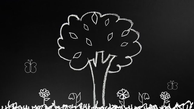 The hand draws a tree with chalk on the Board,and leaves, flowers, and butterflies appear on the drawing Board. Animation.Loop.4K