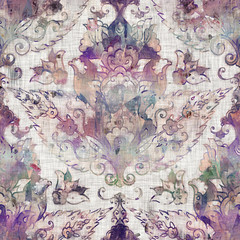 Seamless mixed media collage design in old aged worn look. Hand drawn damask design overlaid, mottled, and distressed on fabric texture. Seamless repeat raster jpg pattern swatch.