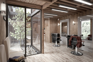 Hair Salon Designed in Wood (desaturated)  - 3d visualization