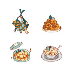 Ramadan Food Pack with Ketupat and Chicken Curry Flat Illustration Hand Draw Style