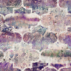 Seamless mixed media collage design in old aged worn look. Moroccan tile mosaic design overlaid, mottled, and distressed on fabric texture. Seamless repeat raster jpg pattern swatch.