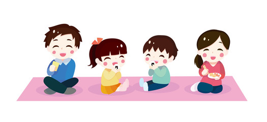 Illustration set of family eating outside