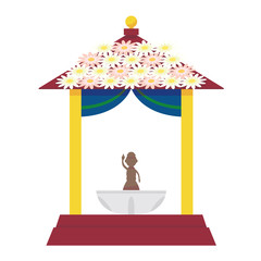 Illustration of a small temple decorated with flowers