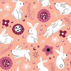 Seamless pattern with cute bunnies