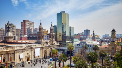 General view of Plaza de Armas, the main square of Santiago de Chile. - obrazy, fototapety, plakaty