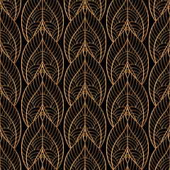 Peacock feathers floral royal pattern seamless. Gold black luxury background vector. Filigree design for christmas wrapping paper, beauty spa, new year wallpaper, birthday gift, wedding party. - 327756392