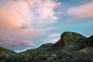 Fototapeta na wymiar USA, Nevada, Lincoln County, Basin and Range National Monument. A brilliant blue and pink pastel sunset in Wrong Way Canyon.