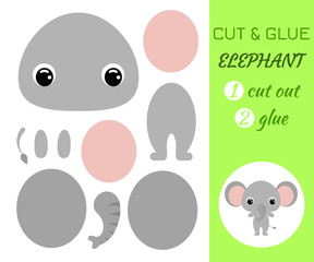 Cut and glue baby elephant. Educational paper game for preschool children.