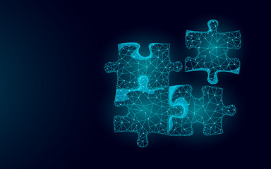 3D puzzle pieces joined together. teamwork business concept. Creative idea problem solution cooperation. Low poly blue dark glowing light strategy match part game vector illustration