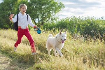 Walk girl with dog in nature, run child with pet in sunny meadow