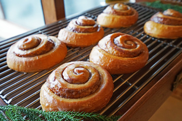 Close up classic Danish cinnamon pastry rolls