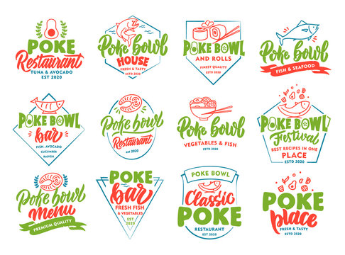 Set of vintage Poke Bowl emblems and stamps. Colorful seafood badges, stickers on white background isolated.