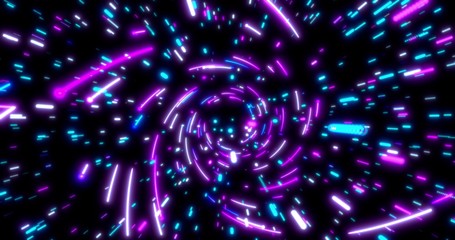 Glowing neon lines tunnel. Blue red pink and violet colorful lighting. Fluorescent ultraviolet lights in the space. Seamless 3D rendering background. 3D illustration