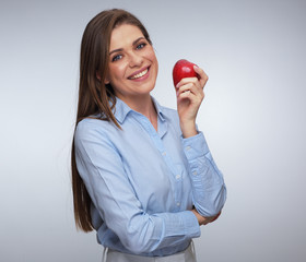smiling woman with healthy teeth holding red apple.