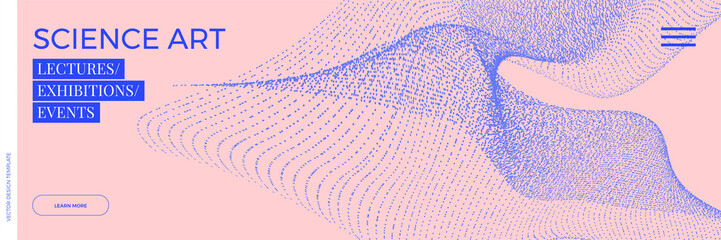 Panoramic science or technology background with dynamic particles. Trendy pink and blue design template. Applicable for banners, flyers, covers, presentations, identity, landing pages, websites.