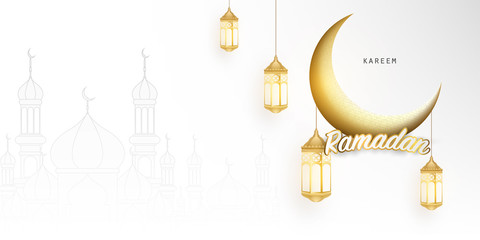 Ramadan kareem 2020 background. vector illustration with mosque and moon, place for text greeting card and banner