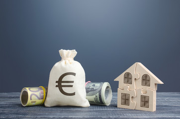 Euro money bag and puzzle house. Housing cooperative membership. State social programs. Mortgage...