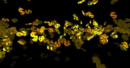 Golden 3d dollar symbols falling on the black background. Finance event background. 3D render