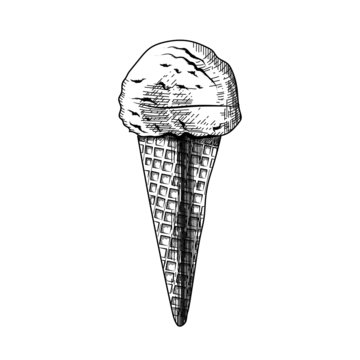 Ice cream in engraved style, vector illustration isolated on white background