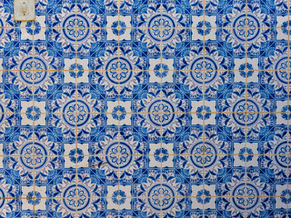 Famous old Portuguese traditional painted tin-glazed ceramic tiles Azulejos of Sintra, Portugal