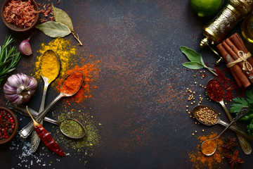 Assortment spices. Top view with copy space. - obrazy, fototapety, plakaty
