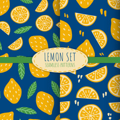 Set of vector abstract seamless backgrounds with lemons. Great for paper, card, wallpaper, banner, fabric, interior. Hand drawn illustration.