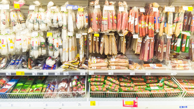 PIATRA NEAMT, ROMANIA - DECMBER 16, 2016: meat and salami on shelf in Carrefour supermarket, Piatra Neamt, Romania