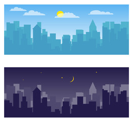 City landscape. Night and day city landscape. Vector, cartoon illustration.