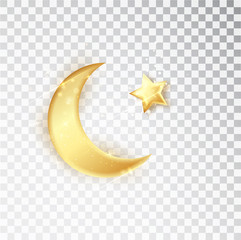 Gold shiny glowing half moon with star isolated on white background. Crescent Islamic for Ramadan Kareem design element. Vector illustration © Ann_Sereda