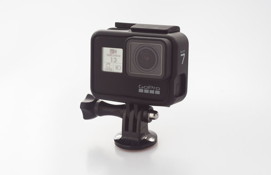 IASI, ROMANIA - JANUARY 29 2019: the new GoPro Hero7 Black action camera isolated on white