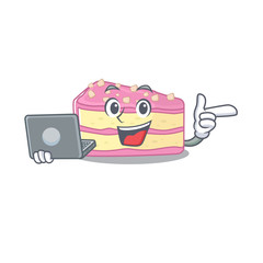 Cool character of strawberry slice cake working with laptop