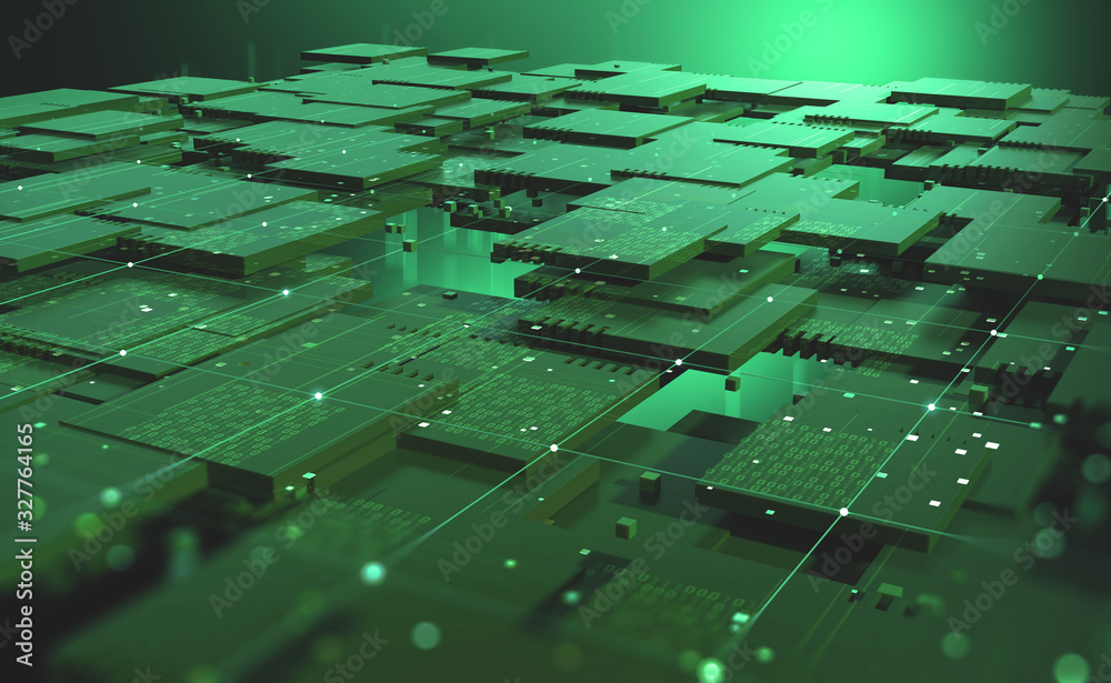 Leinwandbilder Blockchain, high-tech background and information clusters. Bigdata concept of digital cyberspace. Quantum Architecture 3D Illustration