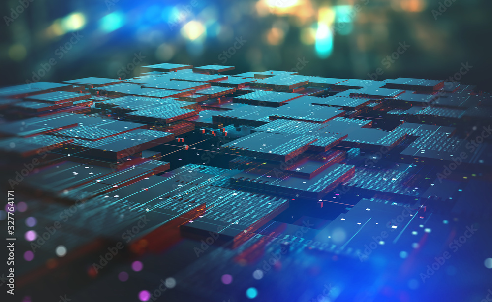 Aufkleber Blockchain, high-tech background and information clusters. Bigdata concept of digital cyberspace. Quantum Architecture 3D Illustration