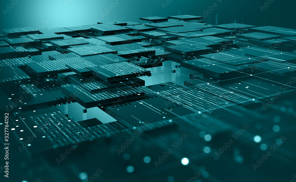 Aufkleber Blockchain, high-tech background and information clusters. Bigdata concept of digital cyberspace. Quantum Architecture 3D Illustration