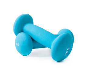 Fitness blue dumbbells isolated on a white background.