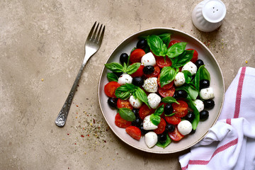 Caprese - traditional italian salad with tomatoes, basil and mozzarella. Top view with copy space.