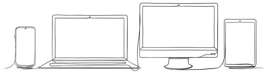 Mobile Phone, Laptop, Computer Monitor and Tablet PC. Hand Drawn Continuous Line Art Vector Illustration.