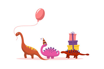 Cute cartoon dinosaurs with gifts and balloons go one after another on white background. Birthday card, holiday