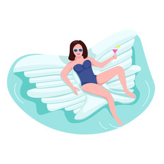 Woman on air mattress flat color vector faceless character. Female tourist at pool party. Person in swimwear with margarita. Girl on inflatable butterfly toy isolated cartoon illustration