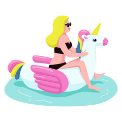 Woman in bikini flat color vector faceless character. Girl on inflatable unicorn. Person float on water. Female tourist sit on air mattress. Lady at pool party isolated cartoon illustration