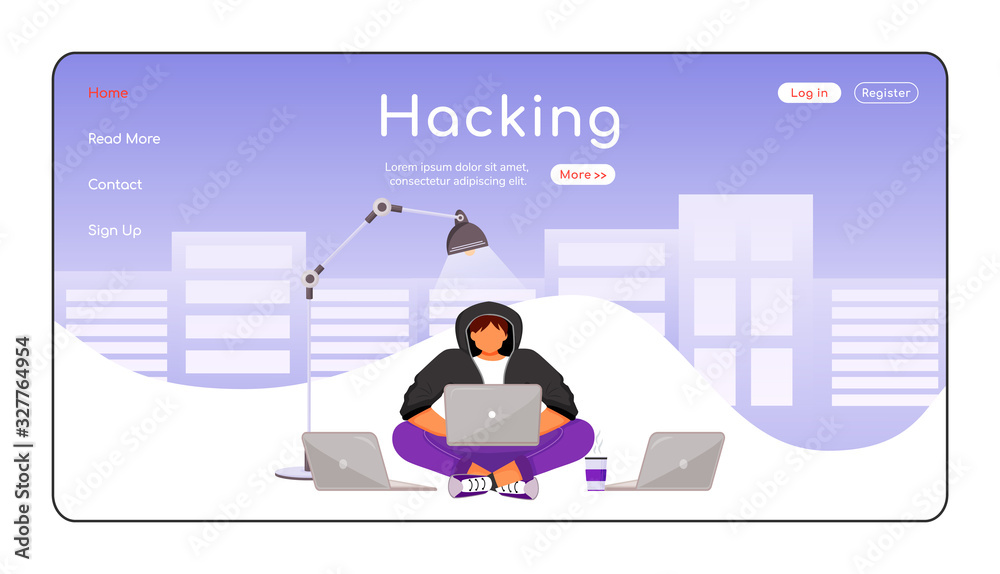 Poster computer hacking landing page flat color vector template. hacker working with laptop. cyber safety. 