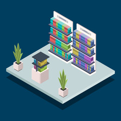 Modern library bookshelf isometric color vector illustration. Bookstore furniture. Textbooks at shelves. Public library room interior, bookcase 3d concept isolated on blue background