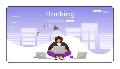 Computer hacking landing page flat color vector template. Hacker working with laptop. Cyber safety. Cybercrime. Homepage layout. One page website interface with cartoon character. Web banner, webpage